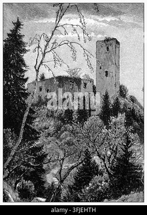 Burgruine Lichtenstein, mittelalterliche Festung auf einem Hügel, Waldlandschaft, Radierung aus dem 19. Jahrhundert. Stockfoto