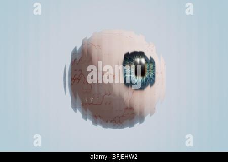 Menschliches Auge mit blauer Iris, das in digitale Scheiben zerfällt und ein surreales und abstraktes Sehkonzept auf hellem Hintergrund erzeugt Stockfoto