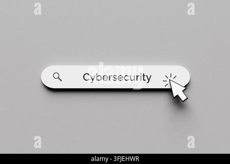 Suchleiste mit Text Cybersecurity und einem klickenden Mauszeiger, der den Online-Schutz und die Datensicherheit symbolisiert Stockfoto