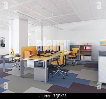 3D-Rendering eines modernen Open-Space-Bürointerieurs mit gelben Stühlen, Holztischen, Computern und geometrischem Teppich. Stockfoto