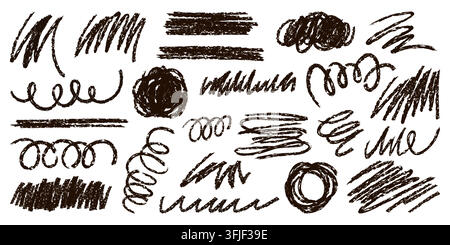 Handgezeichnete Bleistiftkritzellinien, Schleifen, Wirbel, Spiralen und schattierte Striche Set. Schwarze Skizzen-Kritzelelemente mit rauen Texturdetails isoliert auf weißem Hintergrund Vektorillustration Stock Vektor