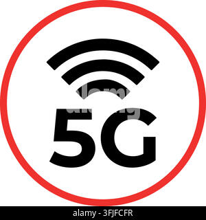 5G-Netzwerksymbol, roter Kreis mit Signalwellensymbol für mobile Internetverbindung. Stock Vektor