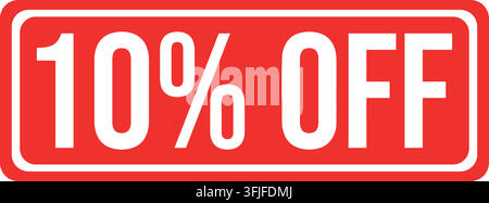 10 % Rabatt-Aufkleber, rotes rechteckiges Banner mit weißem Rabatttext und abgerundeter Bordüre. Stock Vektor
