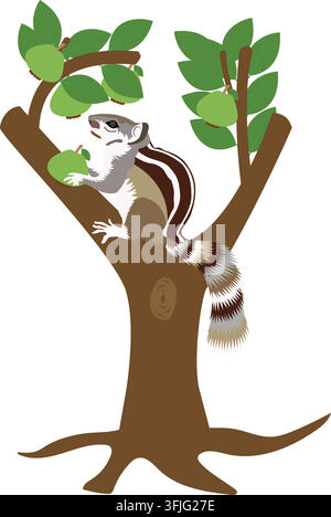 Süßer gestreifter Eichhörnchen, der auf einem Ast sitzt, Vektorillustration isoliert auf weiß Stock Vektor