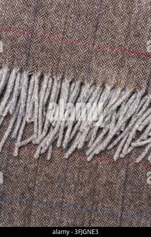 Nahaufnahme von braunem, im Fischgratmuster gewebtem Textil mit einem weichen, dicht gefransten Rand und subtilen roten und blauen Fäden. Stockfoto