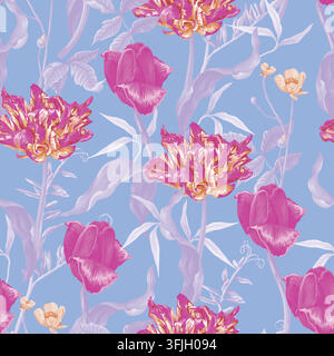 Neonrosa Tulpen und Wildblumen Botanisches Nahtloses Muster auf einem Periwinkle-Blauen Hintergrunddesign Stock Vektor