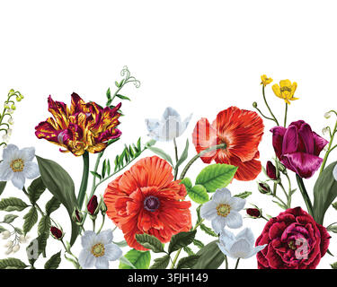 Üppige bunte Rosen, Mohnblumen, Tulpen und Wildblumen, botanische Bordüre auf weißem Hintergrund, Design Stock Vektor