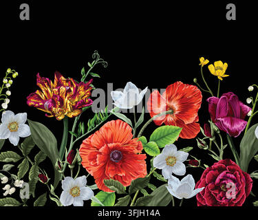 Üppige bunte Rosen, Mohnblumen, Tulpen und Wildblumen, botanische Bordüre auf schwarzem Hintergrunddesign Stock Vektor