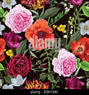 Üppige farbenfrohe Rosen, Mohnblumen, Tulpen und Wildblumen, realistisches botanisches Nahtloses Muster auf Schwarz Stock Vektor