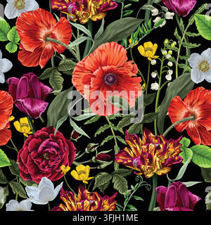 Lebendige realistische Rosen, Mohnblumen, Tulpen und Wildblumen, botanisches nahtloses Muster auf schwarzem Hintergrund Stock Vektor