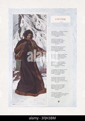 Farblithografie von Octave Denis Victor Guillonnet, geschaffen im Jahr 1898 zur Illustration des Gedichts "L'Hiver" (Der Winter) von Armand Sylvestre. Sie ist Teil der Serie "Les Quatre Saisons" (Die Vier Jahreszeiten). Stockfoto