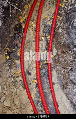 Rote Schutzrohre, die Stromkabel halten, die in einem schmalen Graben im Boden für die Installation von Versorgungsinfrastruktur auf einer Baustelle verlegt sind Stockfoto