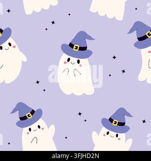 Niedlicher Geist im Hexenhut nahtloses Muster Halloween-Vektor-Hintergrund für Stoff und Geschenkpapier. Stock Vektor
