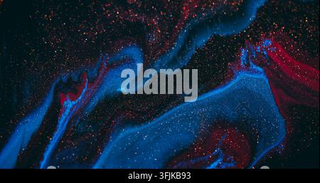 Farbenfleck. Marmorflüssigkeit. Unscharfer lila-blauer Farbglitzer-Mix, funkelnde Textur, schwebend auf abstraktem Kunsthintergrund. Stockfoto