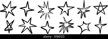 Handgezeichnete Sternformensammlung. Schwarzer Pinselstrich-Funkelskizzen-Set. Vektor-abstrakter magischer Glanz-Pack. Niedliches Kinder-Crayon-Funkelstern-Doodle-Bündel für Aufkleber, Collage, Poster, Aufkleber, Etikett Stock Vektor