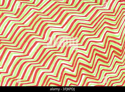 Handgezeichnetes rotes und hellgrünes Zickzackmuster auf weißem Hintergrund. Dynamisches Chevron-Design, Markertекстur. Ideal für Hintergründe, Stoffe, Einladungen, Verpackungen, Digitalpapier und Flächendesign. Stockfoto