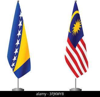 Flaggen von Bosnien und Herzegowina und Malaysia auf Flaggenmasten für offizielle Zeremonien und Treffen, transparenter Hintergrundvektor Stock Vektor