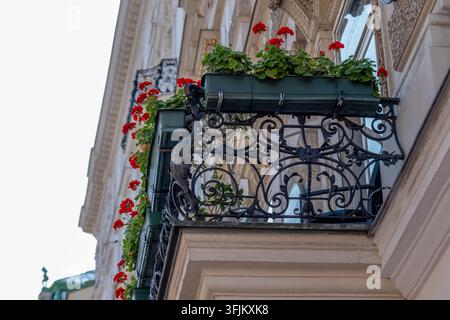 Ein kunstvoll geschmiedeter Eisenbalkon ist mit roten Geranien an einer historischen Gebäudefassade dekoriert. Stockfoto