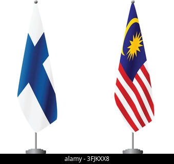 Flaggen von Finnland und Malaysia auf Flaggenmasten für offizielle Zeremonien und Treffen, transparenter Hintergrundvektor Stock Vektor