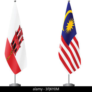 Flaggen von Gibraltar und Malaysia auf Flaggenmasten für offizielle Zeremonien und Treffen, transparenter Hintergrundvektor Stock Vektor