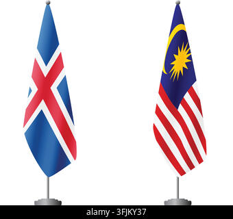 Flaggen von Island und Malaysia auf Flaggenmasten für offizielle Zeremonien und Treffen, transparenter Hintergrundvektor Stock Vektor