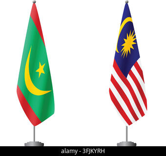 Flaggen von Mauretanien und Malaysia auf Flaggenmasten für offizielle Zeremonien und Treffen, transparenter Hintergrundvektor Stock Vektor