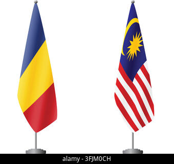 Rumänische und malaysische Flaggen auf Flaggenmasten für offizielle Zeremonien und Treffen, transparenter Hintergrund-Vektor Stock Vektor