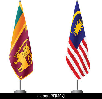 Flaggen von Sri Lanka und Malaysia auf Flaggenmasten für offizielle Zeremonien und Treffen, transparenter Hintergrundvektor Stock Vektor