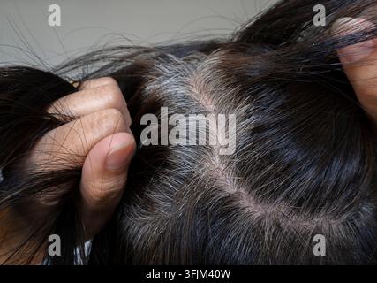 Nahaufnahme einer traurigen jungen schönen asiatischen Frau mit grauen Haaren, die besorgt und gestresst wirkt. Blick von oben. Stockfoto