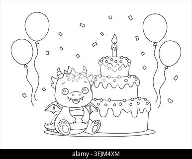Süßer Baby-Drache feiert Geburtstag mit großem Kuchen Umriss Malvorlage für Kinder Vektor Stock Vektor