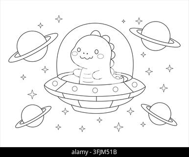 Weltraum-Dinosaurier erforscht die Galaxie in einem UFO-Raumschiff mit Planetenumriss-Farbseite für Kinder-Vektor Stock Vektor