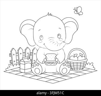 Vektorillustration einer Picknick-Mittagessen-Vorlage zum Ausmalen mit einem niedlichen Babyelefanten Stock Vektor
