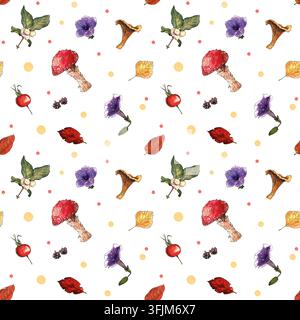Herbstmuster mit Pilzen, Insekten, Blumen, Blättern und Beeren, gemalt in heller Tinte und Aquarell auf weißem Hintergrund. Ideal für Textilien und Stockfoto