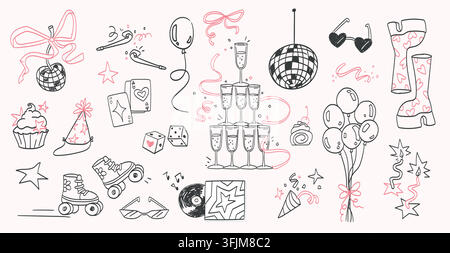 Skurriles Discoballen- und Geburtstagsfeier-Doodle-Set auf weißem Hintergrund. Vektorillustration von handgezeichneten Feierelementen, Champagnergläsern, Rollschuhen und Sternen, Vinylplatten, Luftballons Stock Vektor