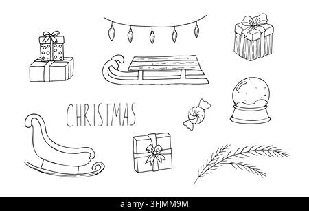 Vektor-Weihnachtselement-Set mit Geschenkboxen, Schlitten und Schneekugel. Minimalistische handgezeichnete Feiertags-Linienkunst-Kollektion isoliert auf weißem Hintergrund Stock Vektor