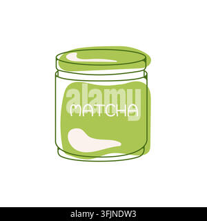 Matcha-Pulver-Glas mit minimalistischem grünen Linienkunst-Etikett, japanischer Tee-Inhaltsstoff und Wellness-Getränke-Konzept, Vektorillustration. Stock Vektor