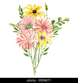 Schöne handgezeichnete Aquarellillustration eines Sommerblumenstraußes. Mit rosa Gerbera, gelber Rudbeckia Stockfoto
