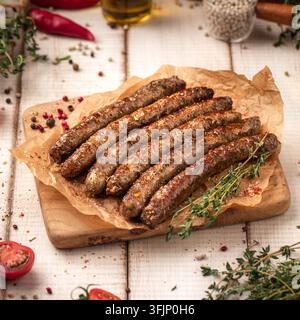 Gegrillte Würste auf Holzbrett mit Kräutern Stockfoto