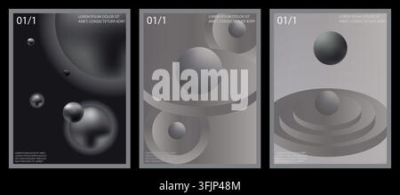 Eine Sammlung von drei modernen abstrakten Postern mit 3D-Kugeln und kreisförmigen geometrischen Elementen in einer raffinierten Graustufen-Farbpalette. Stock Vektor