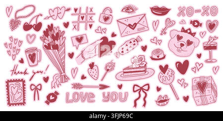 Liebesbrief. Mädchenhafter Kokett-Dice-Kritzel, kawaii-Kirschschleife und Schlüssel mit Schloss. Retro-Druck-Set. Valentinstag-Kritzel-Feier-Icons. Isolierte handgezeichnete romantische Aufkleber. Vektorillustration Stock Vektor