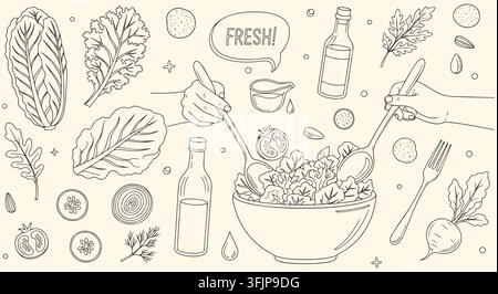 Frisches organisches Salatanrichtungs-Doodle-Set. Hände, die eine Schüssel werfen, Salat, Tomate, Olivenöl, Gurke. für gesunde Speisekarten. Linienkunst-Vektorgrafik. Stock Vektor