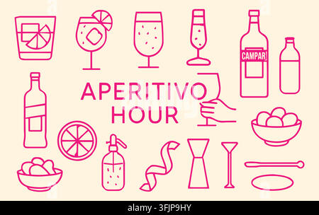 Rosa Linienkunst-Aperitif-Stunden-Getränkeset. Cocktailglas, Schnapsflasche, Snacks. Für trendige Barmenus, Event-Party-Flyer. Flach-Vektorgrafik als Umriss. Stock Vektor