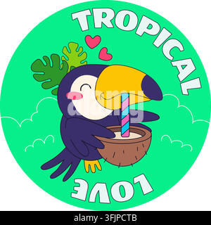 Tropischer Liebes-Tukani-Vogel-Kokosnuss-Cocktail niedliche Vektorillustration runder Aufkleber grüner Hintergrund. Fröhlicher Cartoon-Tukani mit lila und orangefarbenen Federn Stock Vektor