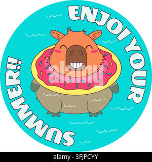 Genieße deinen Sommer-Kapibara auf Donut-Schwimmring, niedliche Vektorillustration, runder Aufkleber, blauer Hintergrund. Lächelndes Cartoon-Kapibara mit rosigen Wangen schwimmt herum Stock Vektor