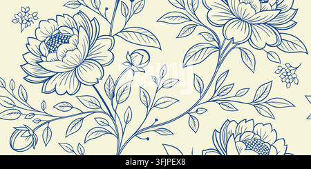 Klassisches nahtloses Blumenmuster, blühende Pfingstrosen, Rosenknospen, elegante Blätter, Textildruck, Tapetendekor, wunderschöne blaue Umriss-Vektorgrafik. Stock Vektor