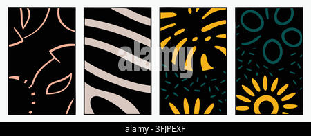 Abstrakte botanische dunkle Poster. Tropische Blätter, exotische Monstera, Sonne und minimale geometrische Formen. Wandkunstabdeckungen, Druckset. Flaches Vektor-Kunstwerk. Stock Vektor