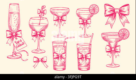 Rosa handgezeichnete Cocktail-Getränke-Elemente. Champagnerglas, Margarita, Wein, Schleifenbögen. für süßes Party-Getränkemenu. handgezeichnete Skizzen-Vektorgrafik. Stock Vektor