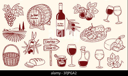 Rot gezeichnete italienische Weinkelterelemente-Set. Trauben, Käsebrett, Weinflasche, Eichenfass, Oliven. für Verkostungsmenüs. Retro-Doodle-Vektorkunst. Stock Vektor