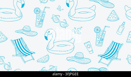 Handgezeichnetes Sommer-Strand-Muster ohne Ende. Blauer Flamingo-Schwimmer, Liegestuhl, Cocktail. Für Urlaubs-Textilbezug, Bikinobekleidung. Doodle-Vektormuster. Stock Vektor