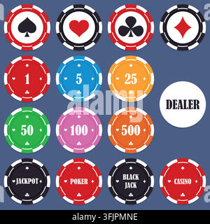Realistisches Set von Casino-Chips isoliert auf Hintergrund. Stiele, Poker-Assen Kreuze und Karo, Herzen und Pik. Stock Vektor